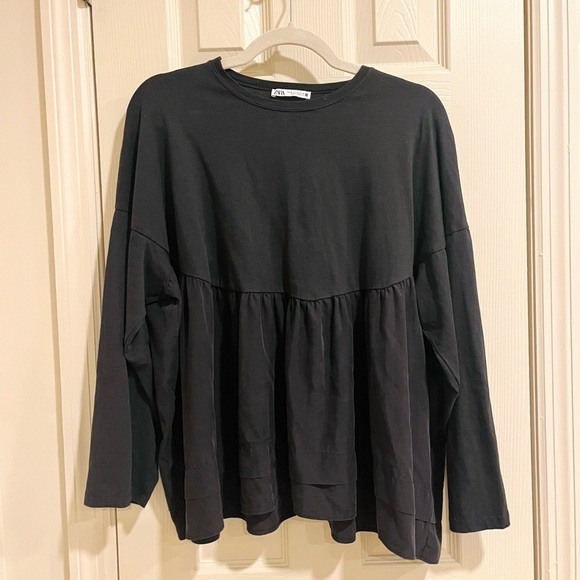 Zara Black Oversized Peplum Contrast Fabric Top Size Medium - Picture 2 of 4